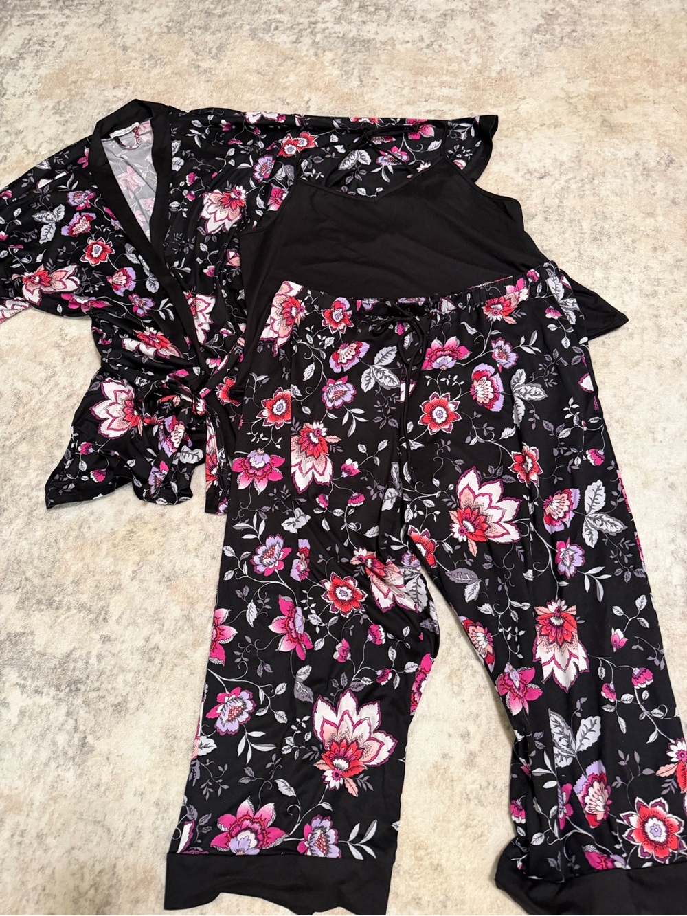 Linea Donatella Black Floral 3-Piece Pajama Set with Pink Accents